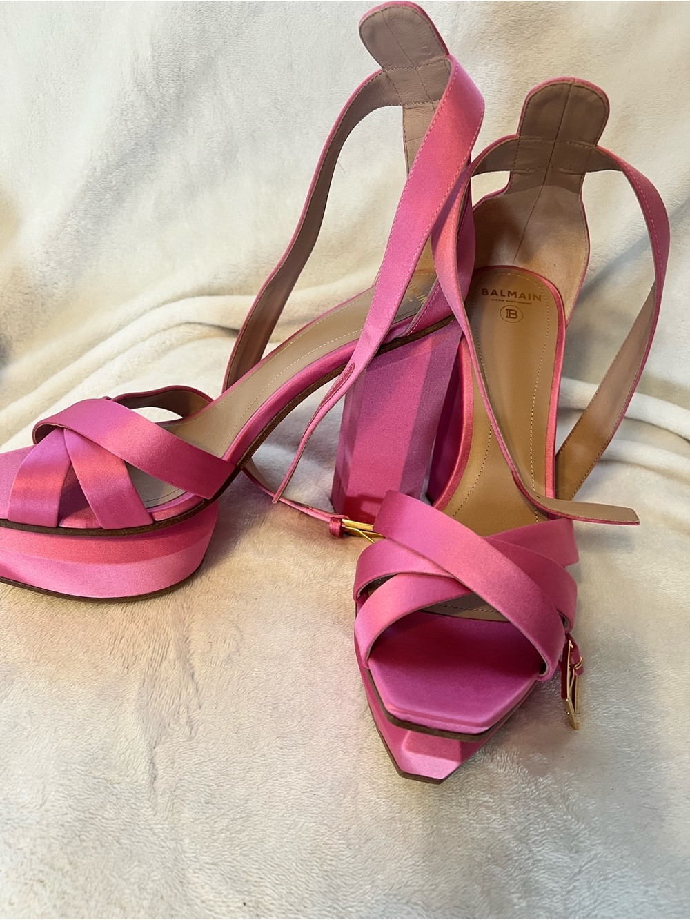 Balmain Pink Satin Platform Heels
